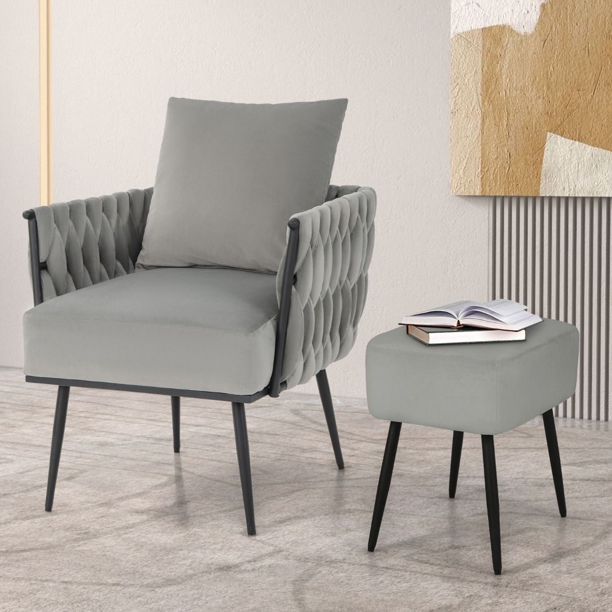 coast Moderne Nederlandse Fluwelen Bijzetstoel en Voetenbank Set – Grijs – 66x65x80 cm | 46x35x45,5 cm