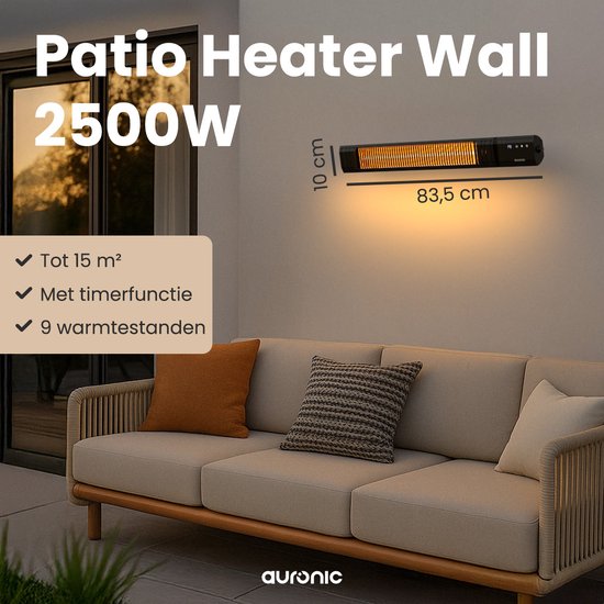 Auronic Terrasverwarmer - Infrarood Verwarming - Touch Display - 15m2 - Elektrisch - 2500W - Afstandsbediening - 9 Standen - Zwart