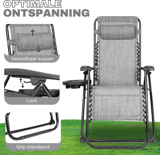 Vaive Luxe Tuinstoelen Duoset - Verstelbare Tuinstoel en Ligstoel - 30°-90° Verstelbaar - Tuin - Metaal - Grijs