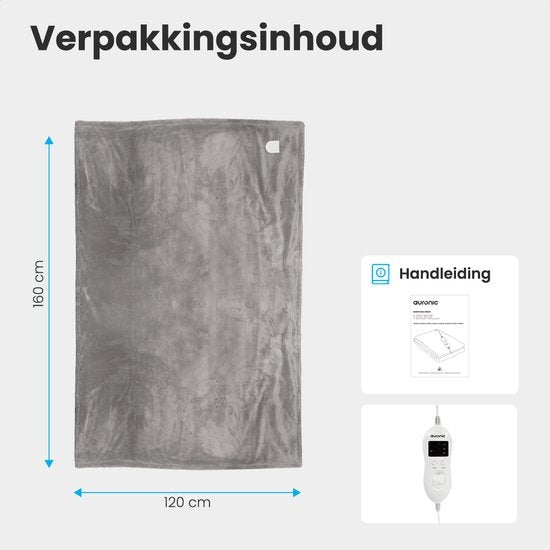 Auronic Elektrische Deken - Warmtedeken - 9 Warmtestanden - 1 Persoons - 160x120cm - Grijs