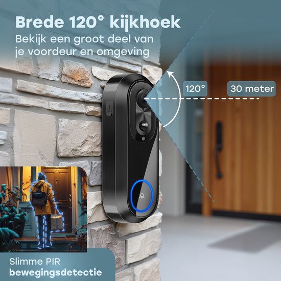 Audyn Video Deurbel met Camera - Draadloze - Slimme Deurbel - WiFi - 1080P - Geen Abonnement - Incl. Draadloze Gong
