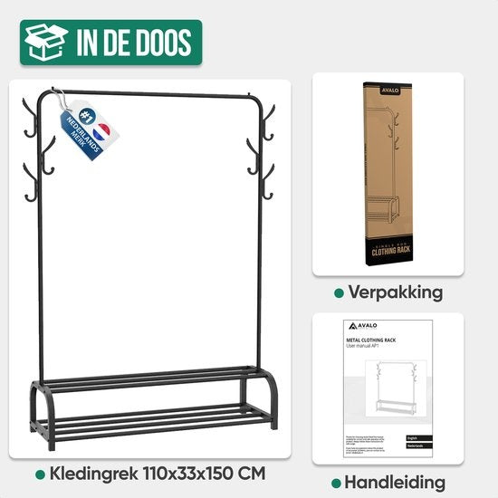 Avalo Industrieel Kledingrek - Metaal - 110x33x150 CM - Zwart - Opbergruimte Voor Schoenen - Garderoberek Met Haken
