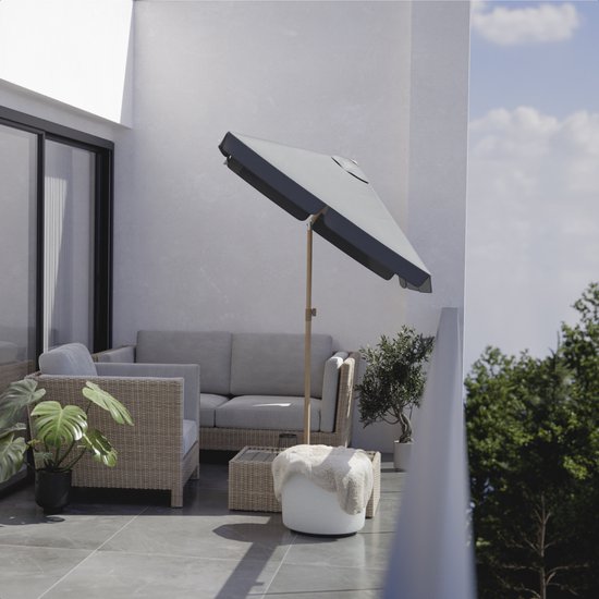 LifeGoods Parasol - Tuin - Balkonparasol - 200x125cm - 30° Kantelbaar - Waterdicht - UPF50+ - Houtkleurige coating - Donkergrijs