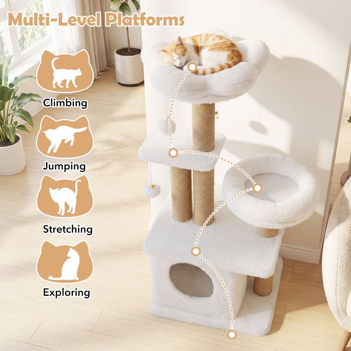 Coast Kattenkrabpaal - bloemvormig uitkijkplatform - kattenhuisje en bed - beige 96 cm