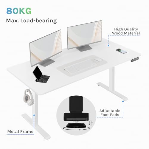 Woltu Verstelbaar Bureau Elektrisch - Wit - 160 x 70 cm - 72 tot 120 cm Hoogte - Met USB Oplader en Geheugenstanden