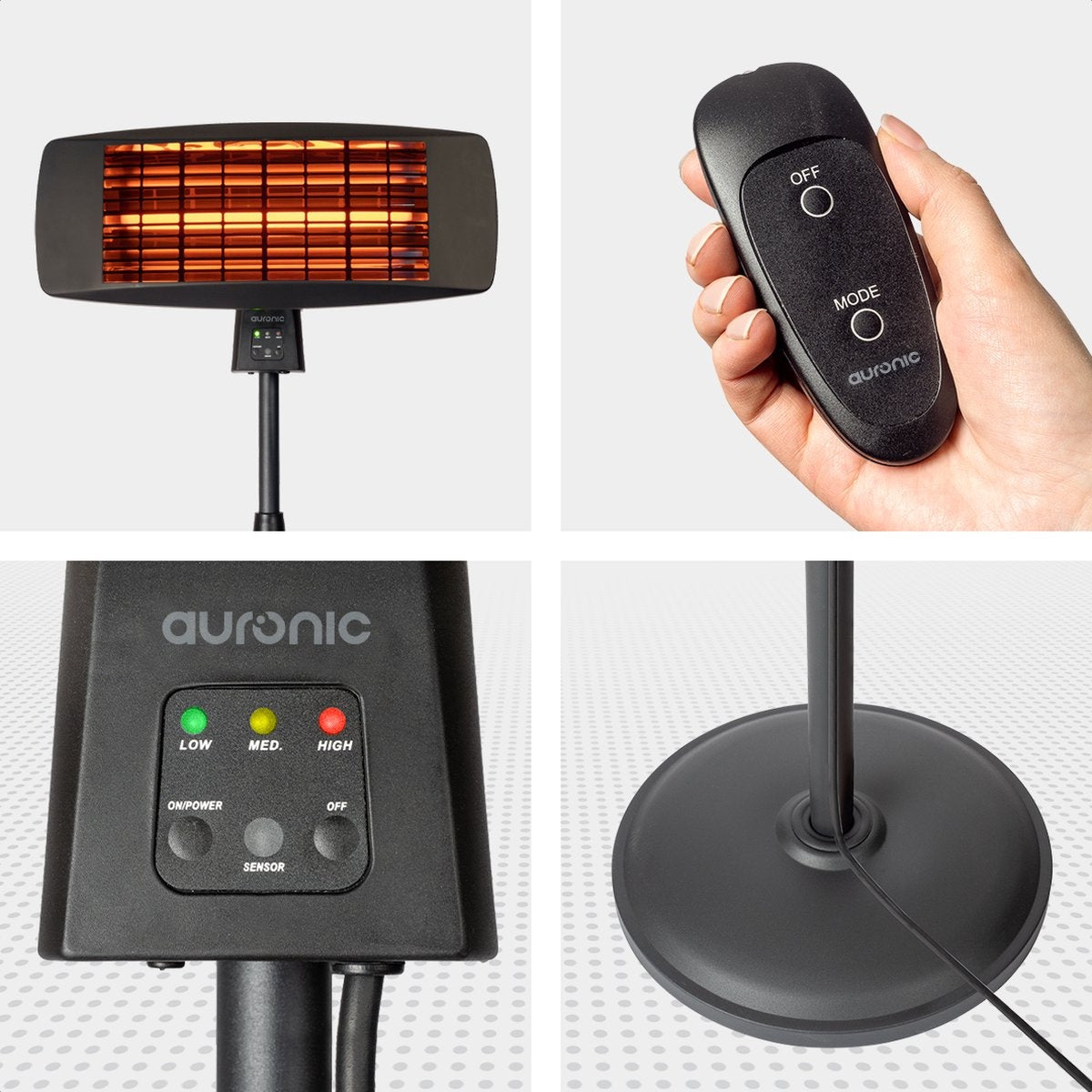 Auronic Terrasverwarmer - Infrarood - Elektrisch - 2000W - Heater - Hangend en Staand - met Afstandbediening - 3 Standen - Zwart