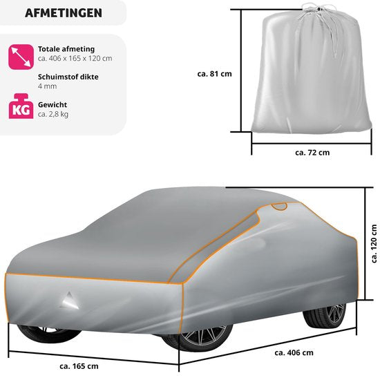 tectake® Autohoes - Autozeil - Hagelbescherming - Waterdicht deken - Ademend - Elastische autogarage - Autoaccessoires met opbergtas - Compatibel met vele modellen - Afmeting (LxBxH) 406x165x120 cm - Small