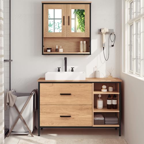 Eugad Badkamerkast met 2 Lades en 3 Open Vakken Licht Eiken - Zwart 90 x 30 x 60 cm