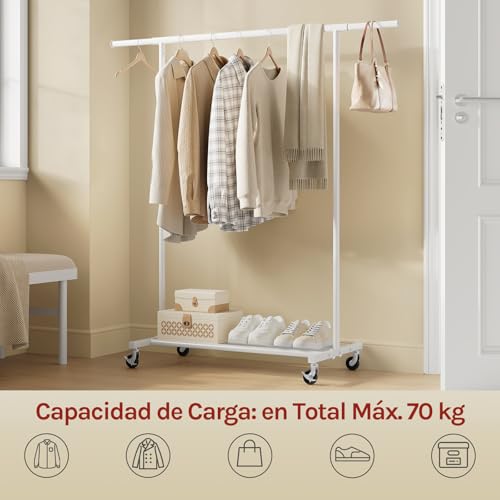 Woltu Kledingrek met Wielen en Opbergrek Wit - Verstelbaar 92,5-132,5 cm - Belastbaar tot 70 kg