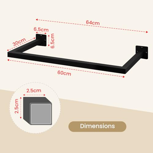 eSituro Industrieel Wandgemonteerde Kledingrail - Zwart - 64 x 6,5 x 30 cm