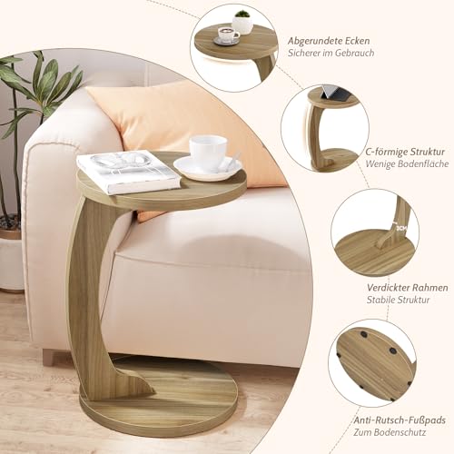 Woltu C-vormige Bijzettafel Rond - Licht Eiken MDF - 38 x 55 cm