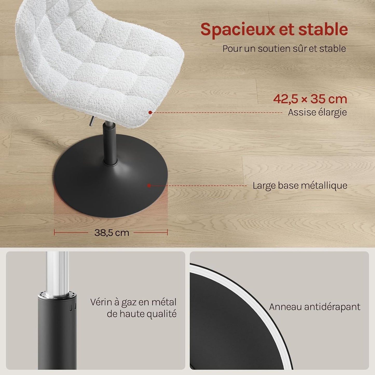 Woltu Verstelbare Chenille Kaptafelstoel met Rugleuning - Draaibaar - Wit - 42,5 x 35 x 72 cm