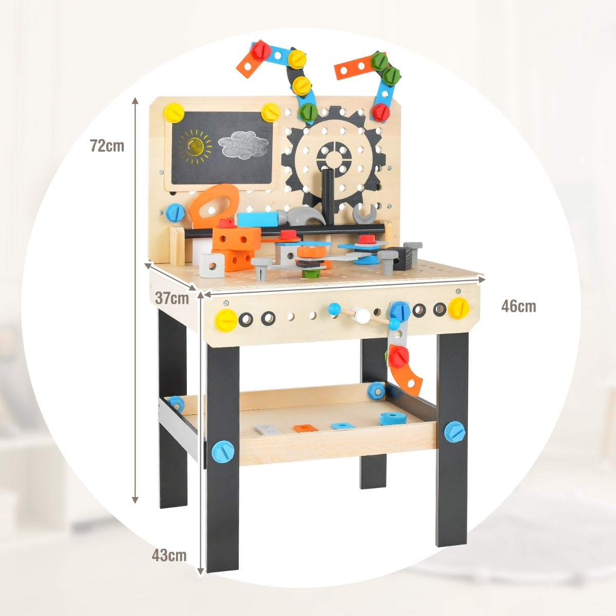 Coast Children's Toolbank gemaakt van hout met tafel- en hangende gereedschapstandaard en accessoires