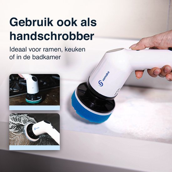Samako Elektrische Schoonmaakborstel - Elektrische Schrobber - IPX6 waterdichte Schrobborstel met steel - 9 opzetstukken - Poetsmachine - Schrobmachine