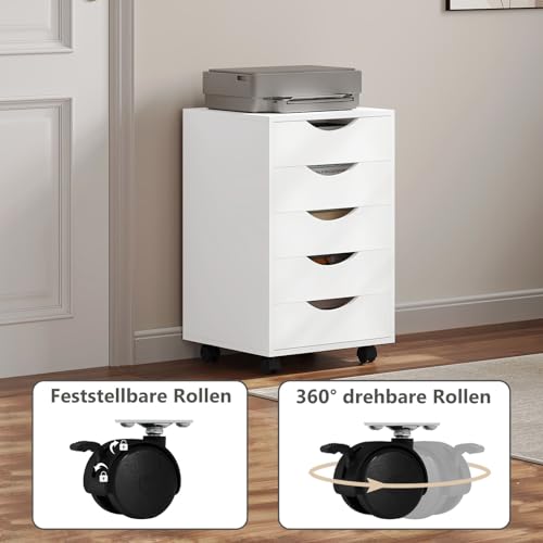 Woltu Kantoor Kast met 5 Lades - Mobiele Opbergkast - Wit - 40 x 40 x 66,5 cm