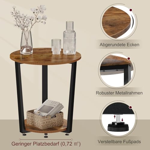 Woltu Ronde Salontafel met 2 Planken - Metaal en Hout - Rustiek Bruin - 50 x 53 x 50 cm