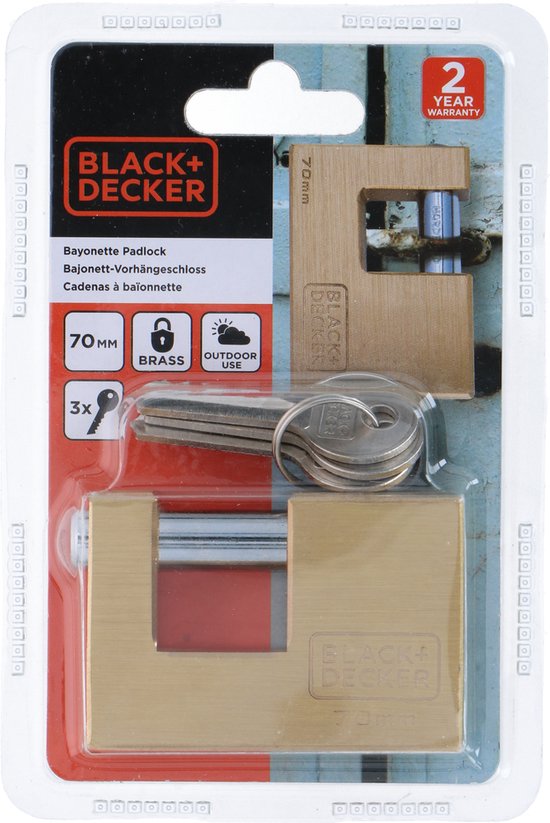 BLACK+DECKER Hangslot - 70mm - Incl. 3 Sleutels - Massief Messing