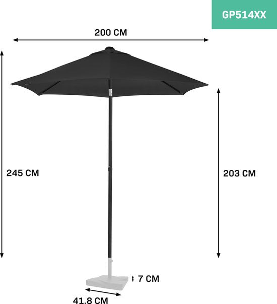 VONROC Premium Parasol Torbole – Ø200cm - Duurzame stokparasol – UV werend doek - Antra-ciet/Zwart – Incl. beschermhoes