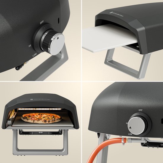 KitchenBrothers Pizza Oven - Gas - Tafelmodel - Inklapbaar - Pizzasteen - Dubbele Brander - Pizzaoven voor Buiten - Zwart/Grijs - Vaderdag Cadeau