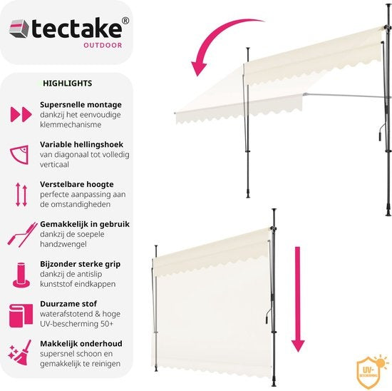 tectake - klemluifel - Zonnescherm – Zonneluifel - Verstelbaar - Klem-zonwering - Zonnescherm Balkon - 300 x 180 cm - beige – zonwering - 404963