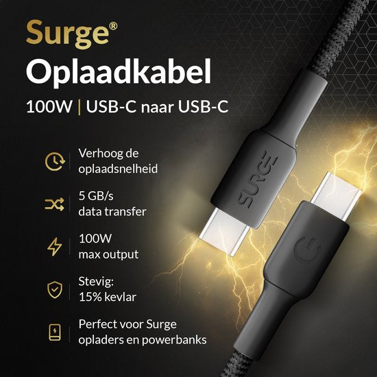 Surge USB C naar USB C kabel - 100W - 2 Meter Oplaadkabel - Snellader met 15% Kevlar - Geschikt voor o.a. Samsung / MacBook / iPhone 15 en 16 / iPad Pro