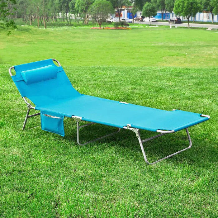 SoBuy Opklapbare Tuinstoel OGS35-B – Voorzien Van Vijf Rugleuningstanden En Afneembare Hoofdsteun En Handig Zijvak – Voor Tuin En Camping – Blauw Textilene En Metaal – Honderdtwintig kg