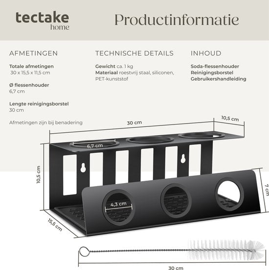 tectake® Soda-flessenhouder - Lekbak voor flessen - Flessenstandaard - Afdruiprek - RVS - Incl. verwijderbaar druipmatje - Voor 3 flessen