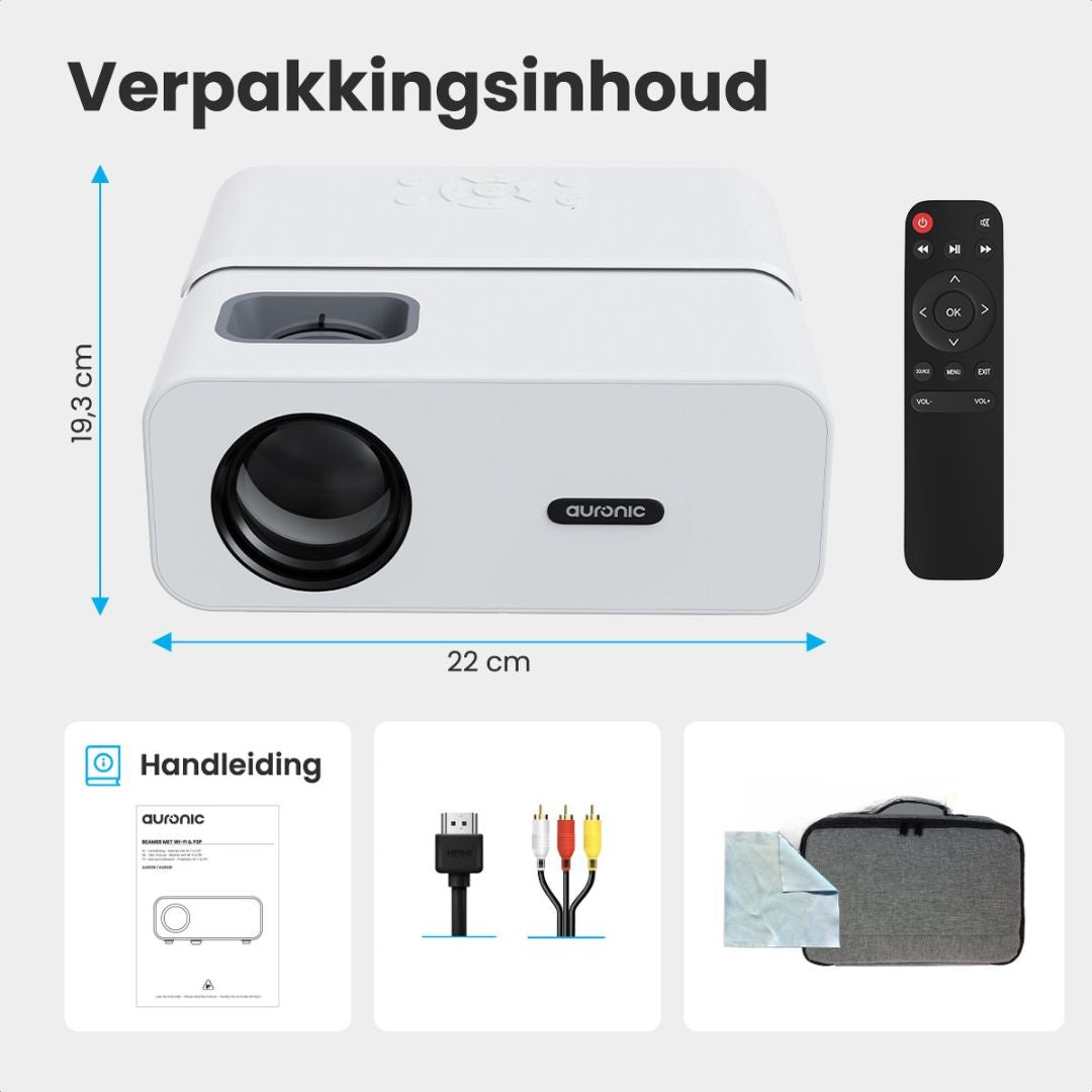 Auronic Beamer Full HD - 10.000 Lumen - WiFi - 170 inch beeldgroote - HDMI-kabel - Afstandsbediening en Draagtas - Wit