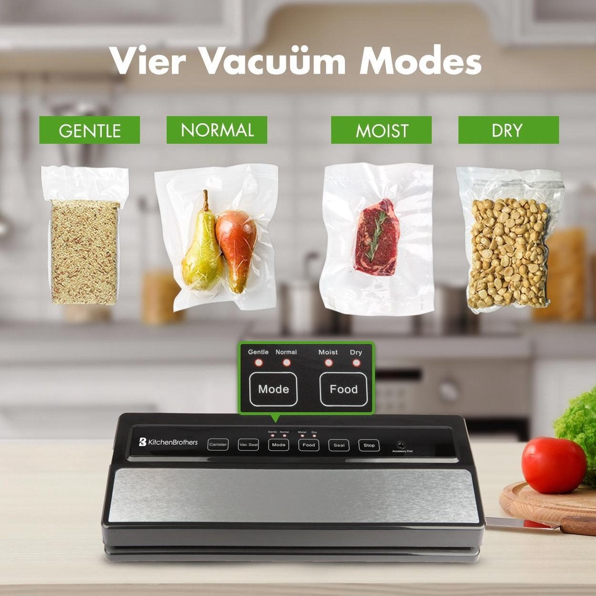KitchenBrothers Vacumeermachine - Vacuüm Sealer - 4 Standen - Incl. Folierol, Vacumeerzakken en Vacuumslang