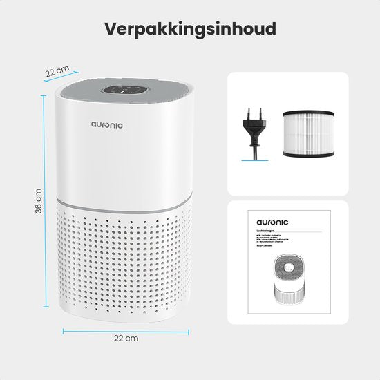Auronic Luchtreiniger Fresh - Met HEPA 13-filter - 225 m³/u - 45 m² - Koolstoffilter - 3 Standen - Air Purifier - Wit
