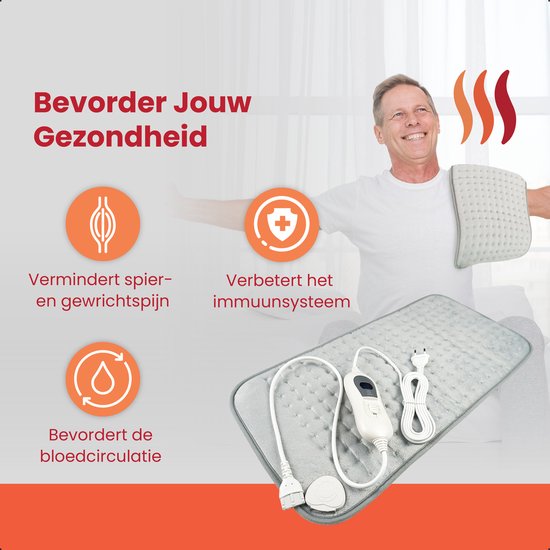 Seranova Elektrisch Warmtekussen voor Rug, Voeten, Nek, Schouders, Buik - Heating Pad - Verwarmingskussen - Wasbaar - 60x30cm - Grijs