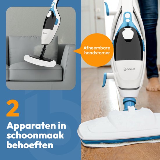 BOLLIT 16 in 1 Stoomreiniger 1500W - Handstomer - Tapijtreiniger - Vlekkenreiniger- Stoomreinigers - Handstoomreiniger - Vloerreiniger - Stoommop - Stoomdweil - Vloer, Bank, Badkamer, en Tapijt Reinigen