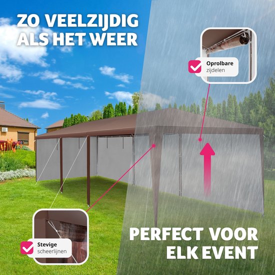 tectake® Tuin- of festivalpaviljoen - Feesttent - Almhut-design - Met 6 zijpanelen - Eenvoudig op te zetten partytent voor terras - Evenemententent - 3x9 m