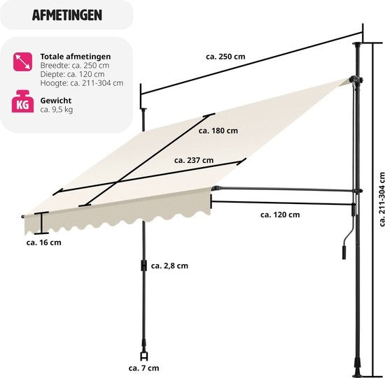 tectake - klemluifel - Zonnescherm – Zonneluifel - Verstelbaar - Klem-zonwering - Zonnescherm Balkon - 250 x 180 cm - beige – zonwering - 404960