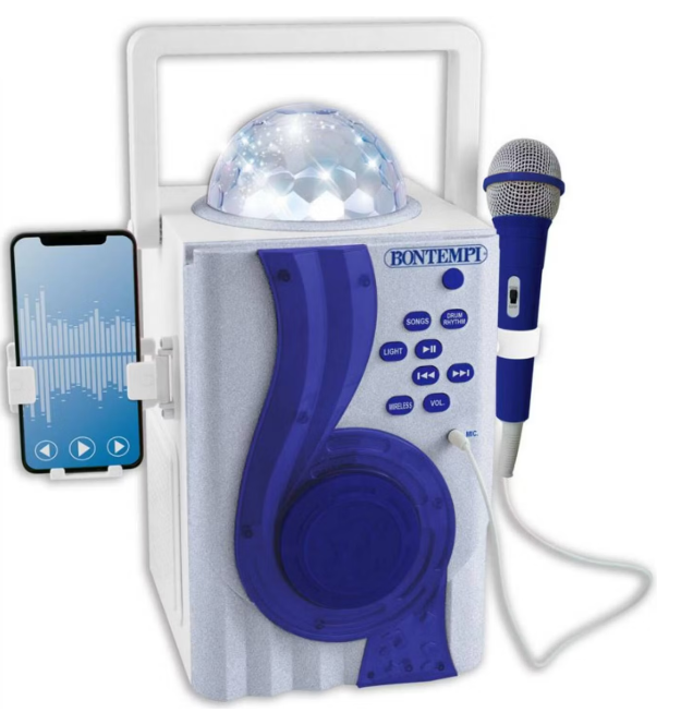 Bontempi Draadloze Karaoke Boom Box met Disco Light – 23 x 10 x 28 cm – Wit met Blauw