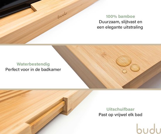 Budu Badplank Bamboe - Badplank hout - Badplank voor in bad - Verstelbaar / Uitschuifbaar - Badrekje - Bamboe badrek - 70-105 cm
