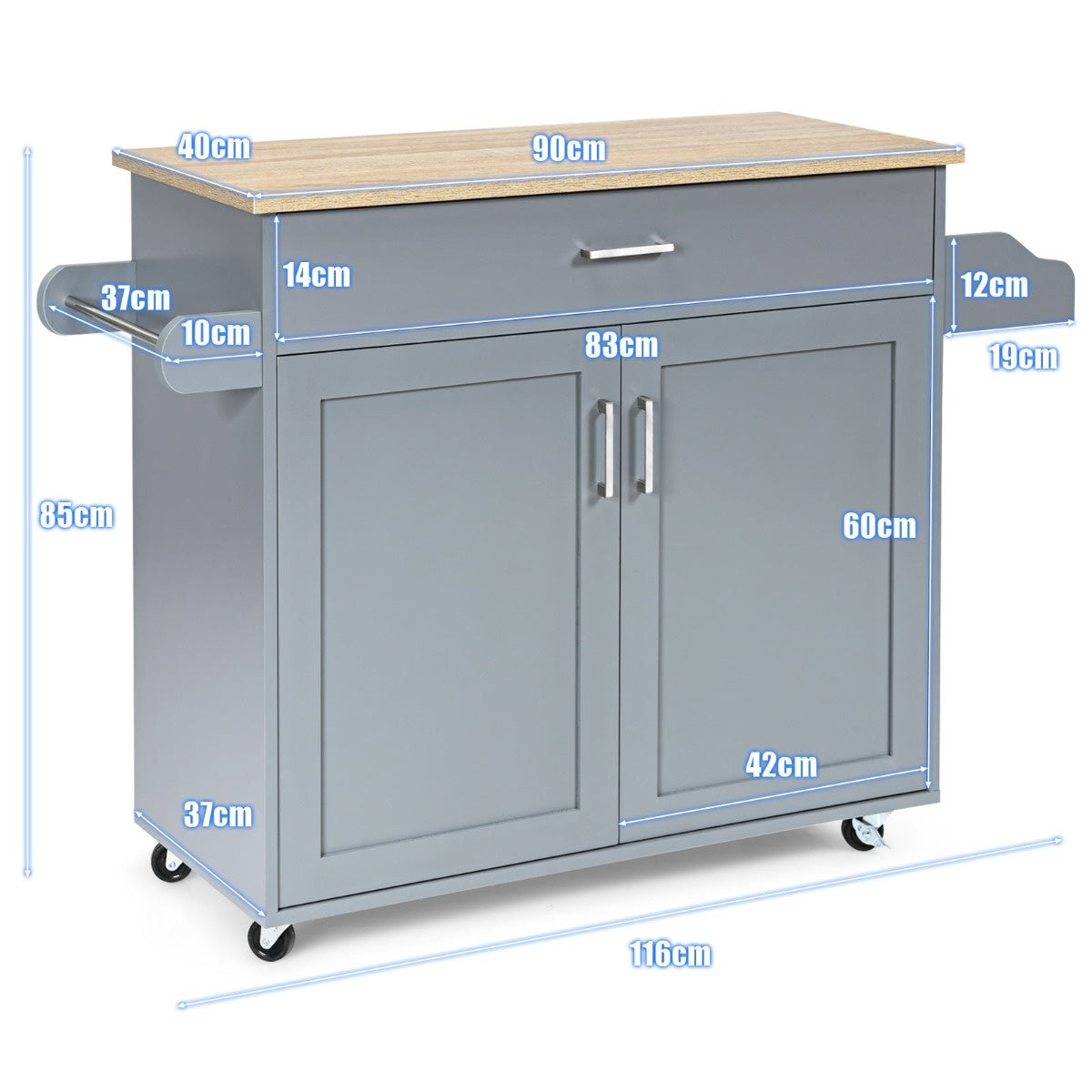 Coast keuken eiland auto rollende opbergwagen grote kast 116 x 40 x 85 cm grijs + natuur