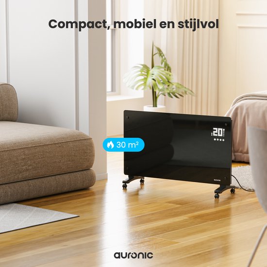 Auronic Elektrische Kachel – Met Thermostaat en Afstandsbediening - Glazen Paneel- 2500W Heater - Zwart