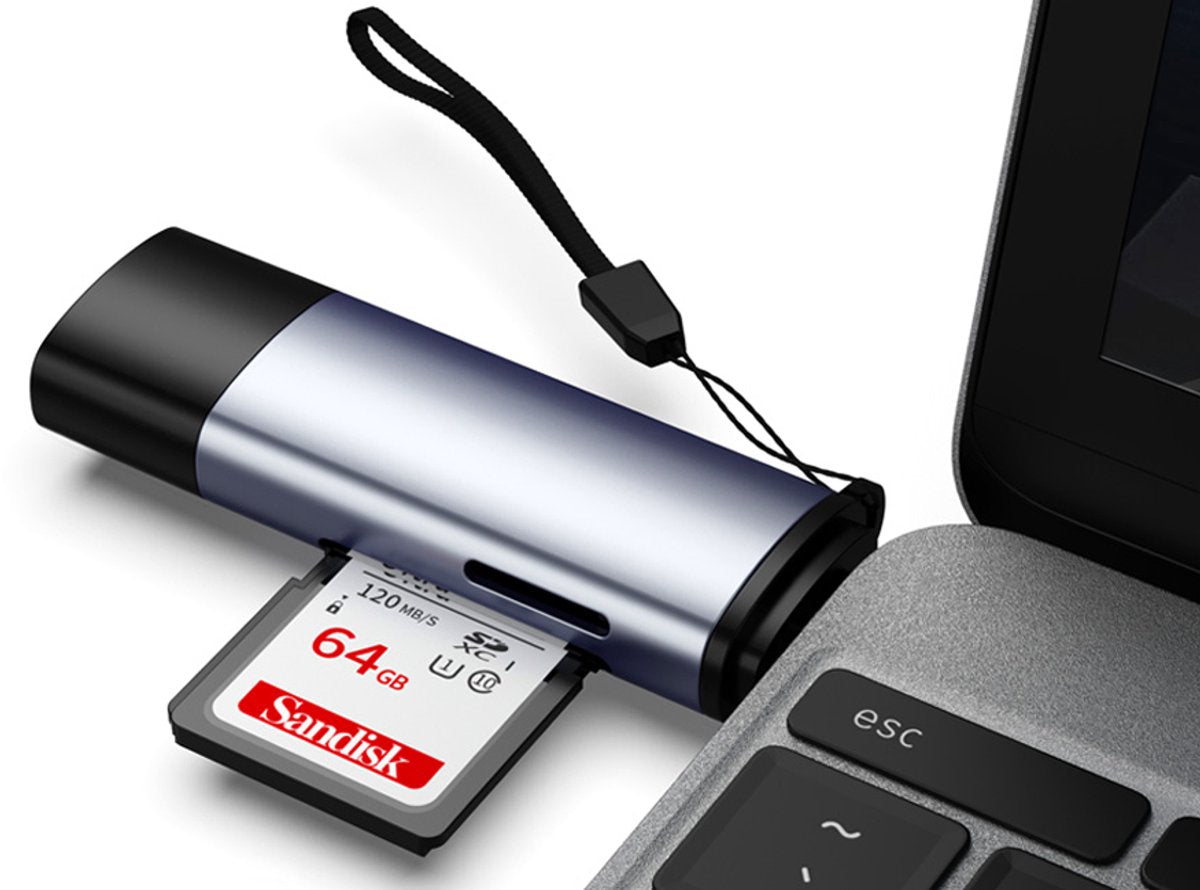 Vlectro Geheugenkaartlezer 6 x 2,5 x 1 cm – Aluminium Grijs – USB-C, USB 3.0 & Micro USB