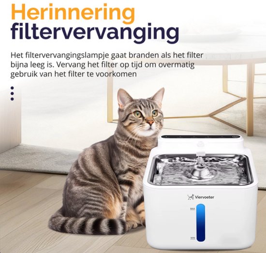 Viervoeter Draadloze Drinkfontein RVS - Sensor Waterfontein voor Kat en Hond - Inclusief filter - 3,2L - 30d batterijduur - Fluisterstil - Wit
