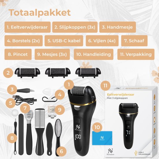Nuvance Eeltverwijderaars - Pedicureset Electrisch - 18 Delig - Elektrische Eeltverwijderaar - Voetvijl - Professioneel - Zwart