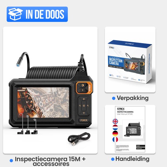 Strex Endoscoop met Scherm 15M - Inspectiecamera - Rioolcamera met HD Beeld - IP67 Waterdicht - Instelbare LED Verlichting