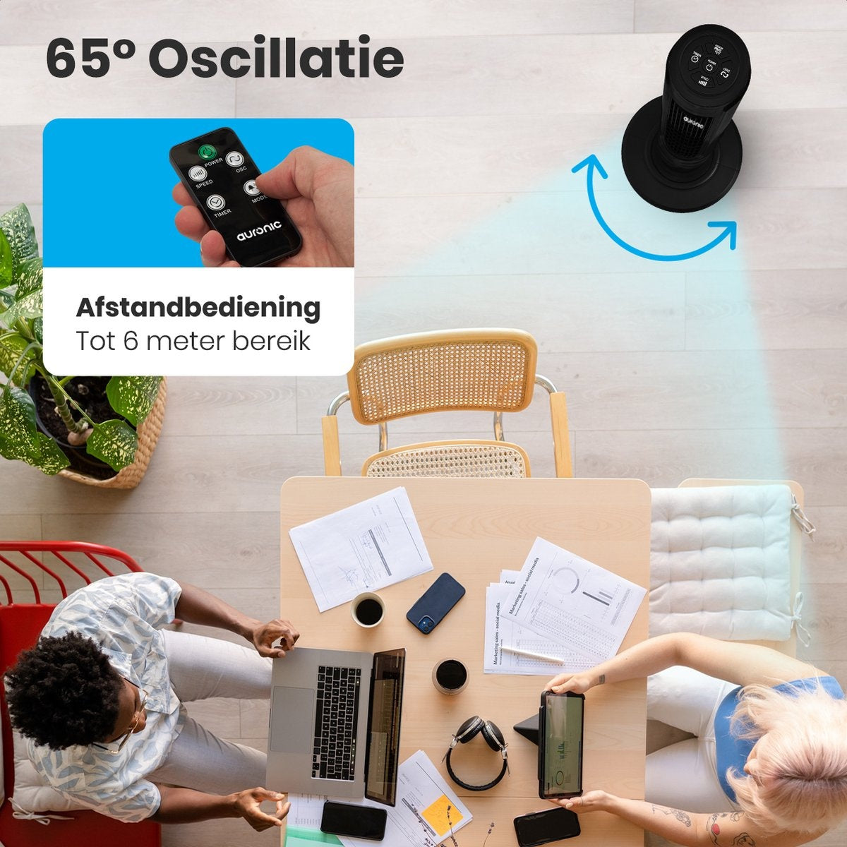 Auronic Torenventilator - Staande Ventilator met Afstandbediening - Timer - 55W - 45dB - 118cm - Zwart