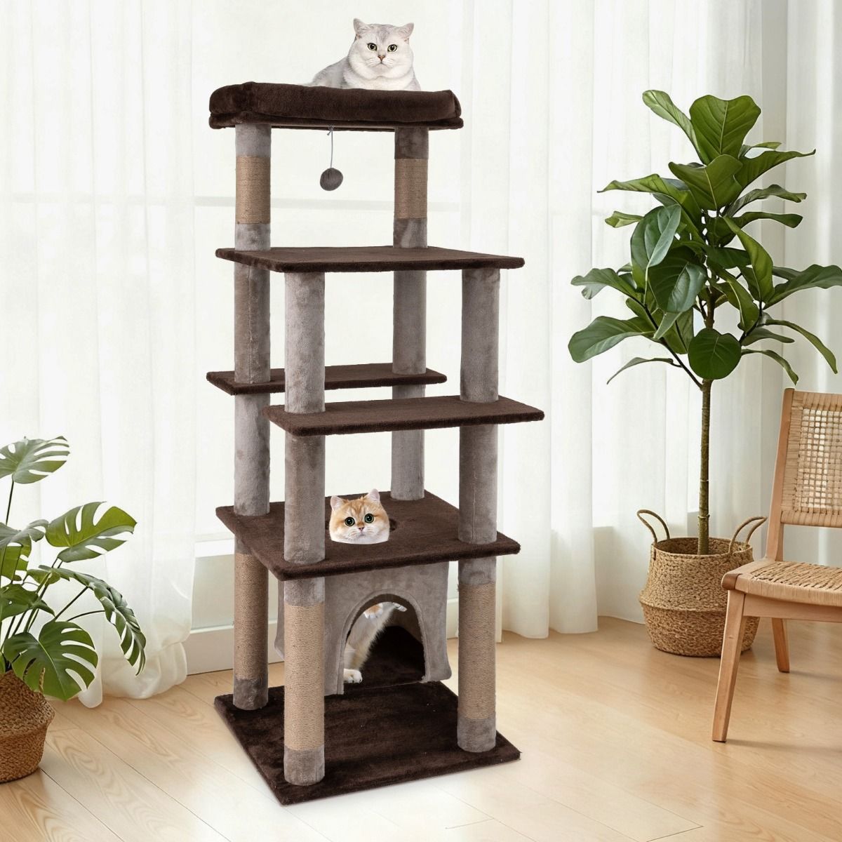 Coast Krabpaal voor katten - meerdere niveaus - schommelend kattenhuis - pluche ligbed - bruin - 56 x 56 x 148 cm