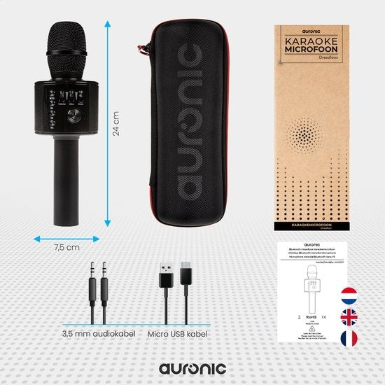 Auronic Karaoke Microfoon - Voor Kinderen en Volwassenen - Bluetooth - Draadloos - met Speaker - Zwart
