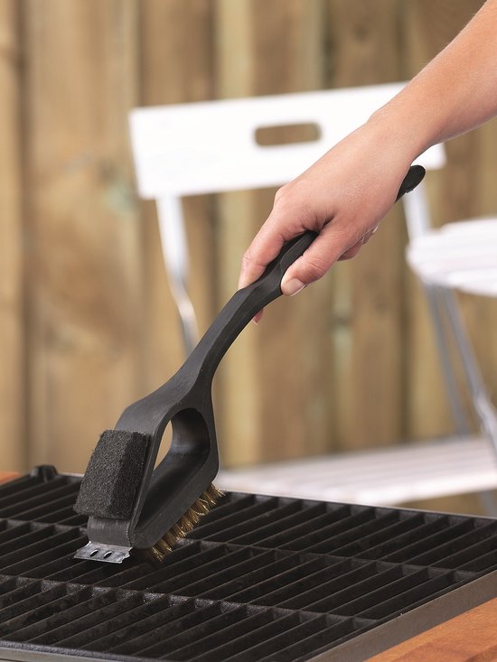 BBQ collectie Barbecue Reinigingsborstel - 3 in 1 - Staalborstel - Schuurspons - Schraper - 38 cm - Zwart