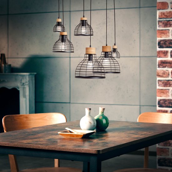 Brilliant Avia - Hanglamp - E27 max 6x40W - Zwart/Houtkleur - 35 x 95 x 140 cm