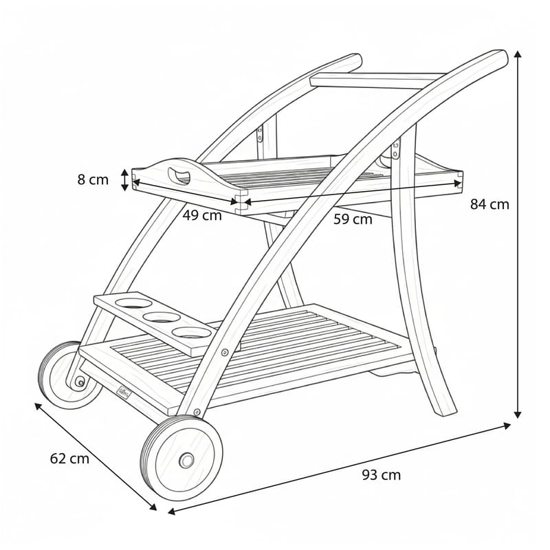 AXI Adi Teak Serveerwagen – Afneembaar Dienblad – 3 Flessenhouders – 93 x 62 x 84 cm