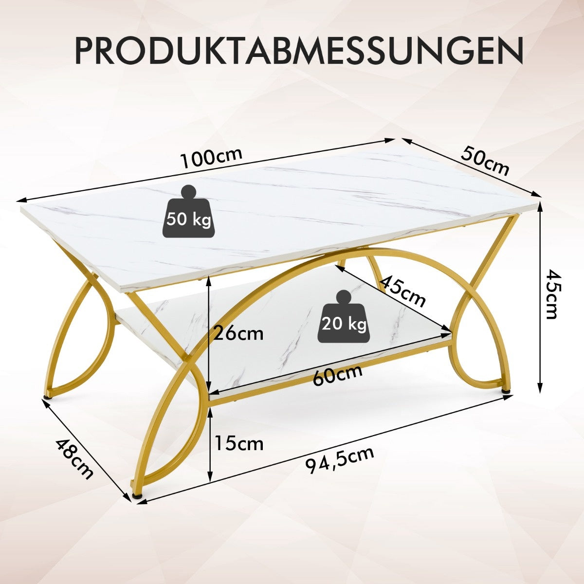 Coast Salontafe; Marmeren Look Modern - 100 x 50 x 45 cm - Wit En Goud