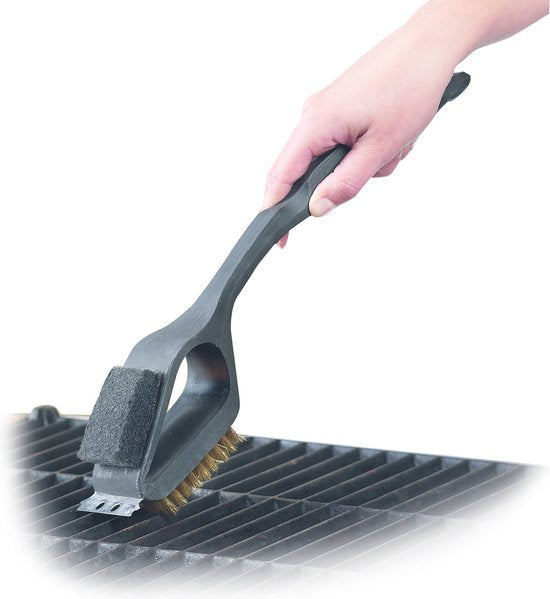 BBQ collectie Barbecue Reinigingsborstel - 3 in 1 - Staalborstel - Schuurspons - Schraper - 38 cm - Zwart